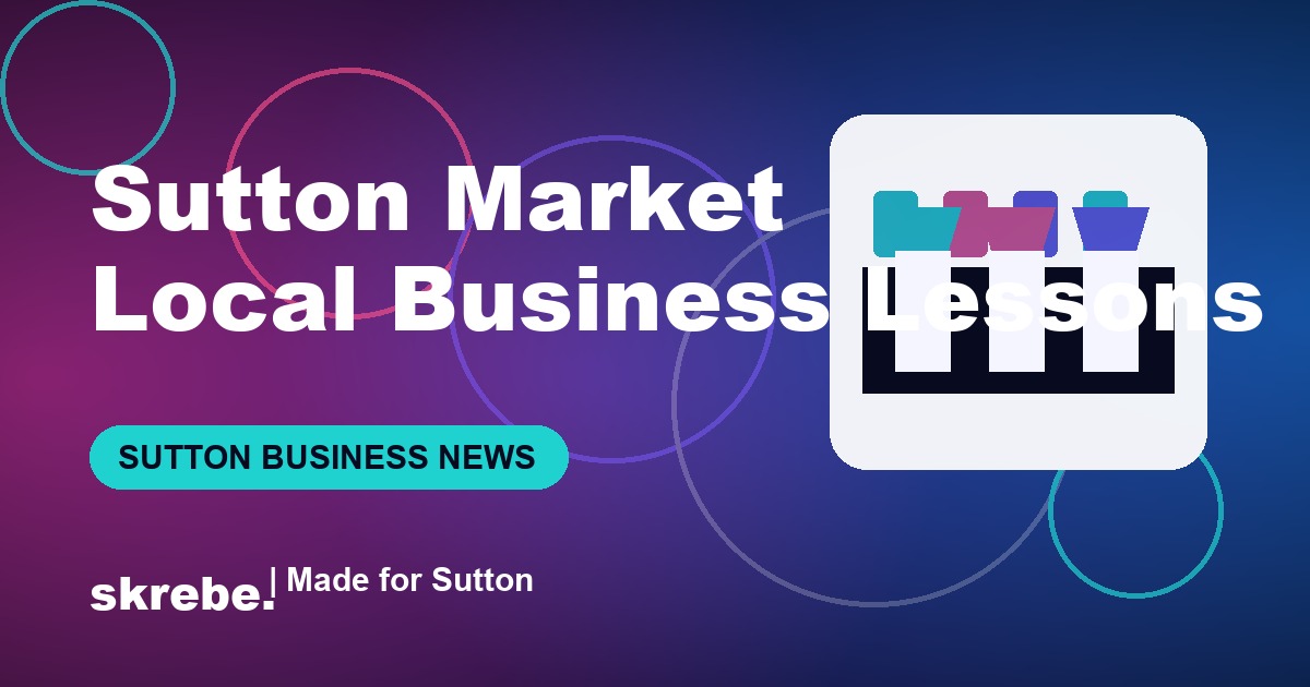 Branded skrebe cover showing Sutton market stalls and local business visibility