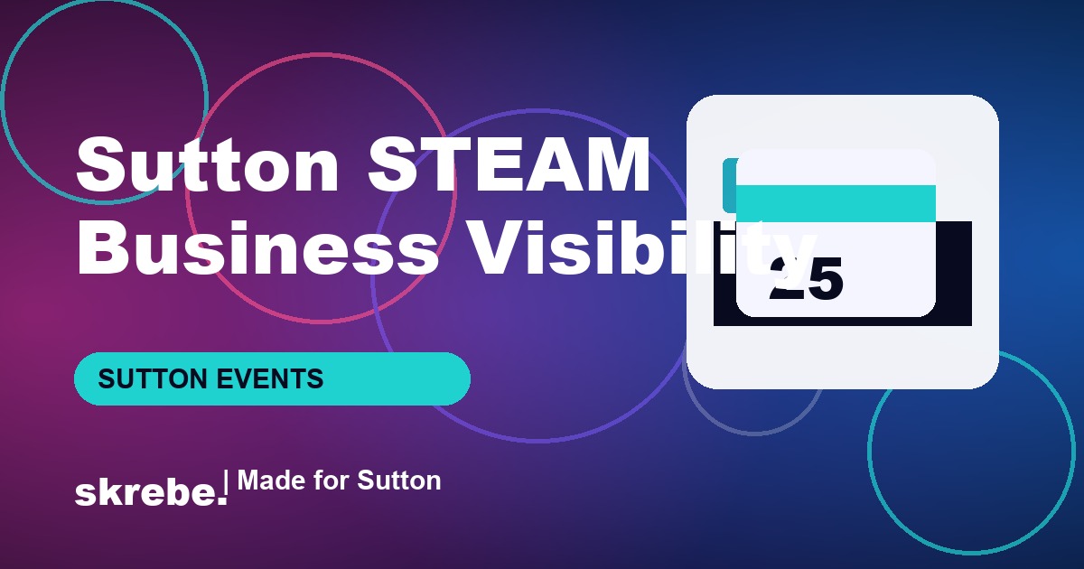 Branded skrebe cover with colourful science, art and business shapes for Sutton STEAM Festival